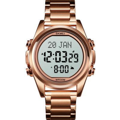 Rose Gold-White Skmei 1667 Stainless Steel Azan Islamic Qibla Direction Digital Watches Muslim Prayers Wrist Watch