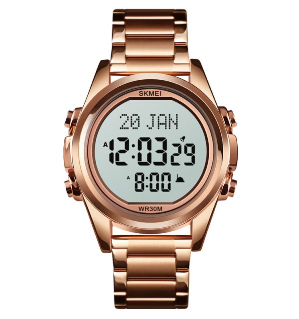 Rose Gold-White Skmei 1667 Stainless Steel Azan Islamic Qibla Direction Digital Watches Muslim Prayers Wrist Watch